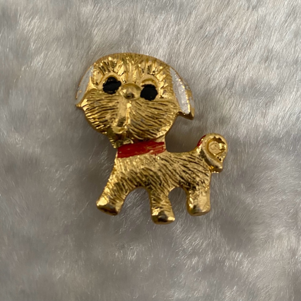🍀VTG Gold Dog Brooch with Red Collar